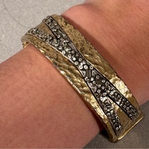 TAT2 Hammered 14k Gold Plated Bangle Bracelet with X Silver and Crystal Inlay